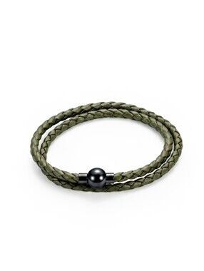 Linx Double Army Green Leather Braided Cord Bracelet with Black Magnetic Clasp